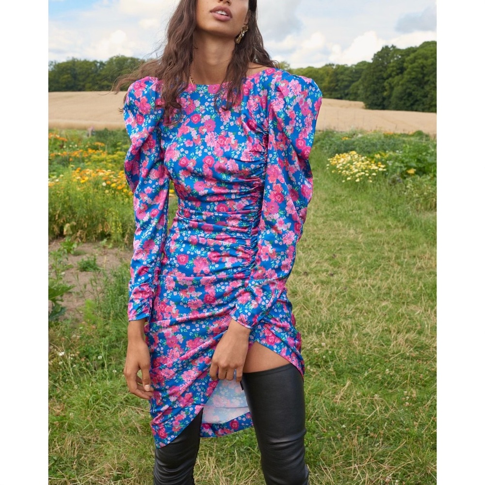 For Love & Lemons NWT Annie Ruched Satin Midi Dress in Cobalt/Pink Floral Small